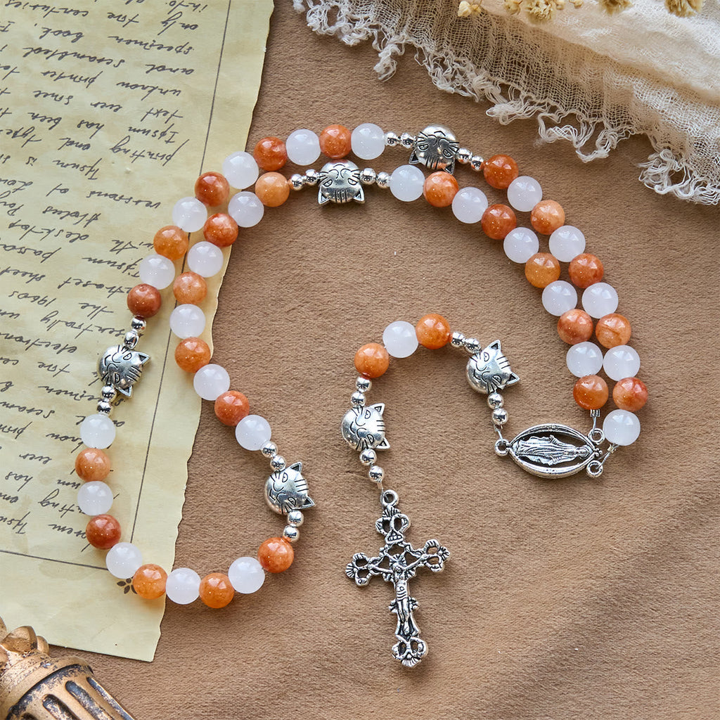 Orange & White Quartz with Cat Face Stainless Steel Charms of Orange