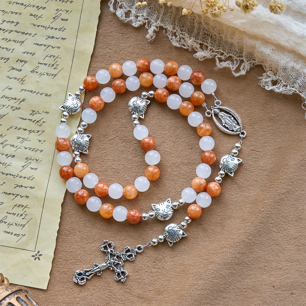 Orange & White Quartz with Cat Face Stainless Steel Charms of Orange