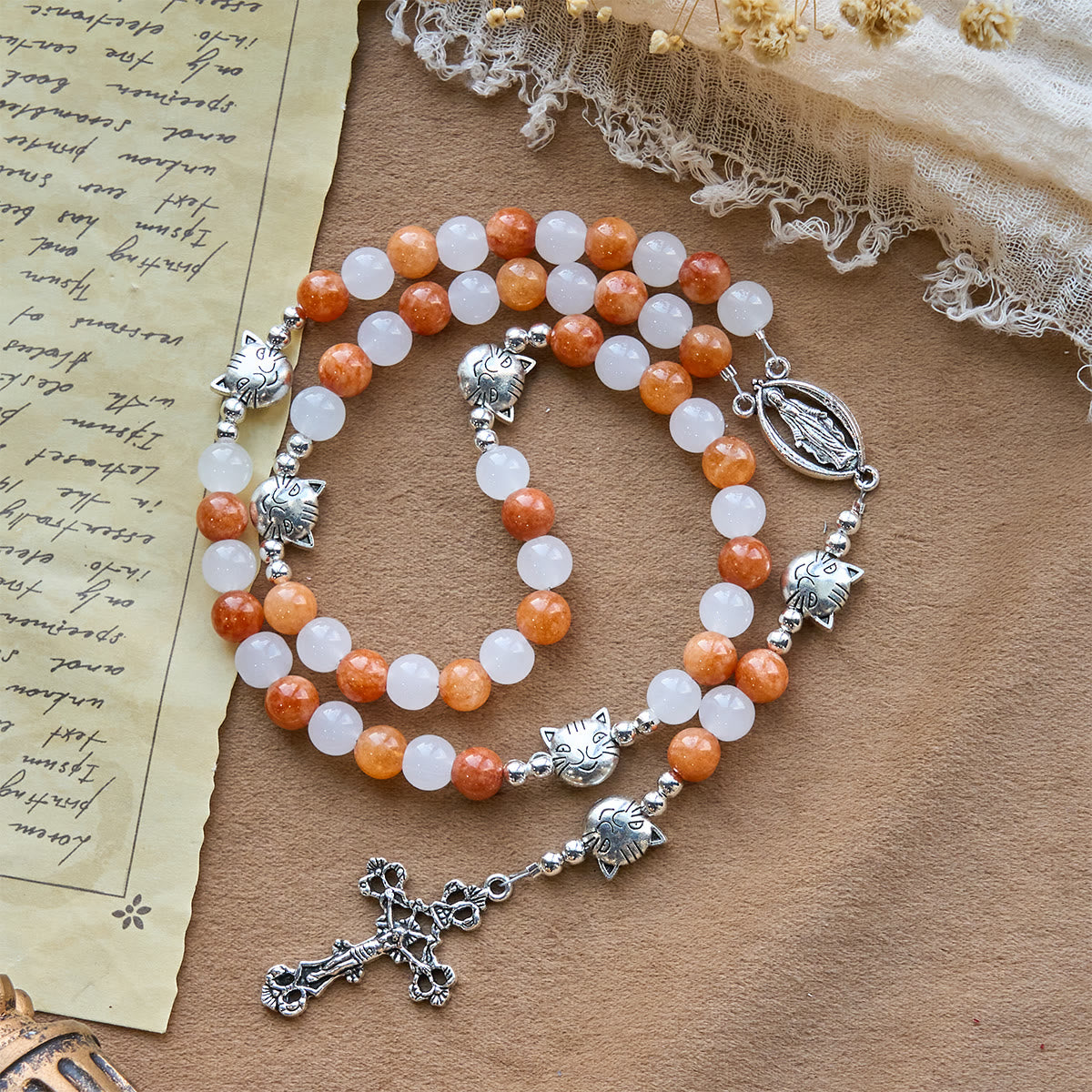 Orange & White Quartz with Cat Face Stainless Steel Charms of Orange