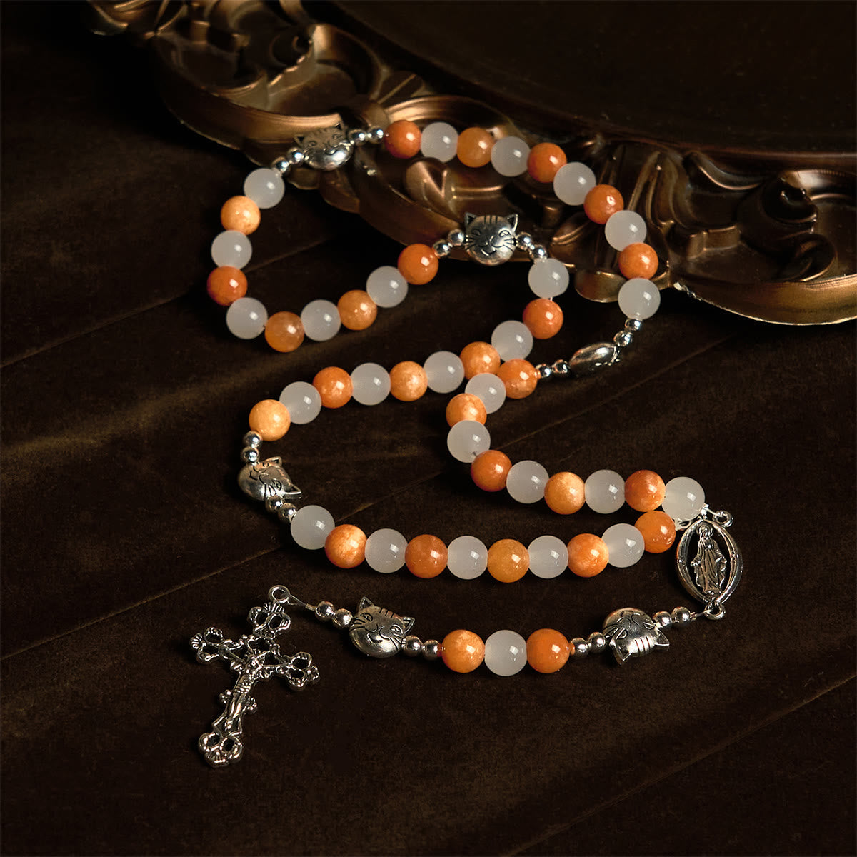 Orange & White Quartz with Cat Face Stainless Steel Charms of Orange