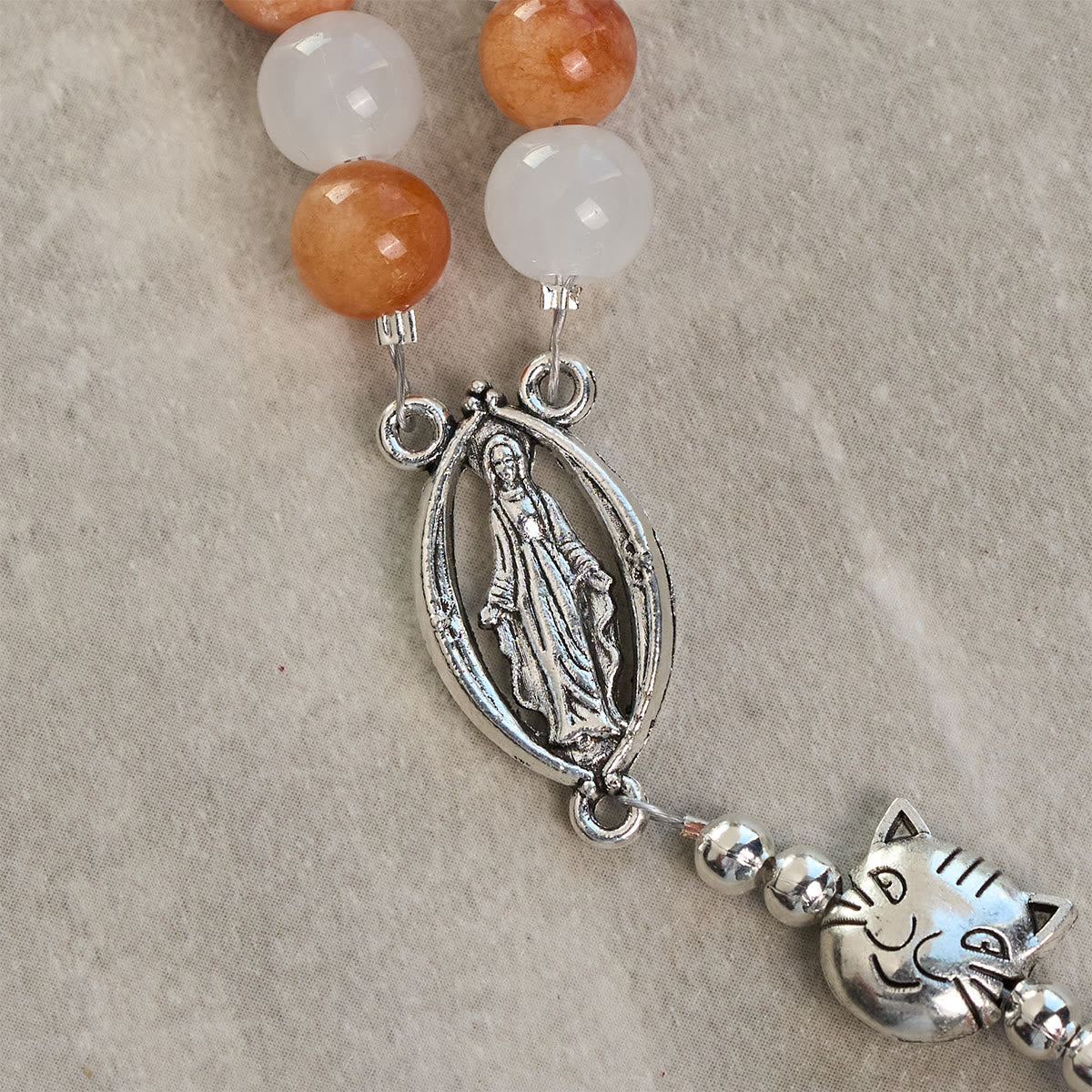 Orange & White Quartz with Cat Face Stainless Steel Charms of Orange