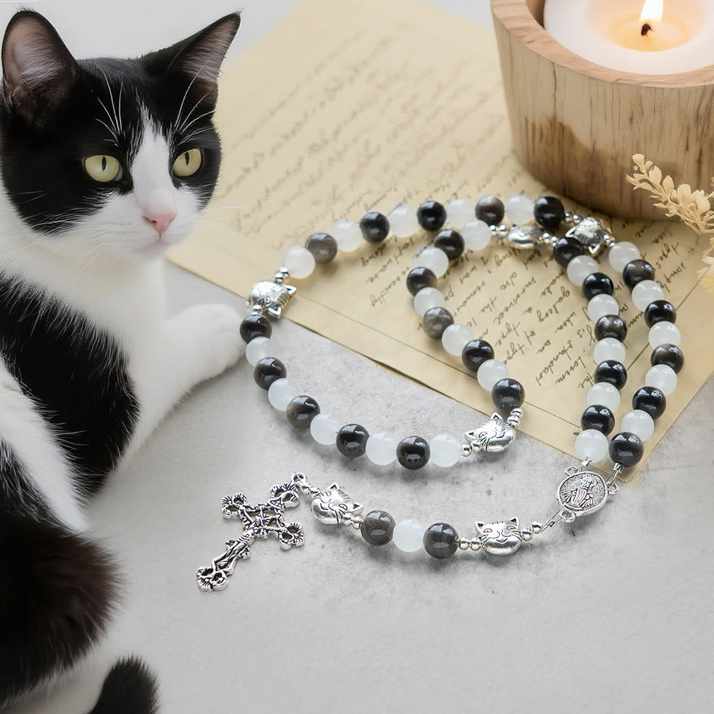 Our Lady's Blessing with Black & White Cow Cat Beads Bracelet, Animal