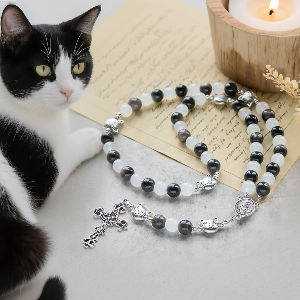 Our Lady's Blessing with Black & White Cow Cat Beads Bracelet, Animal