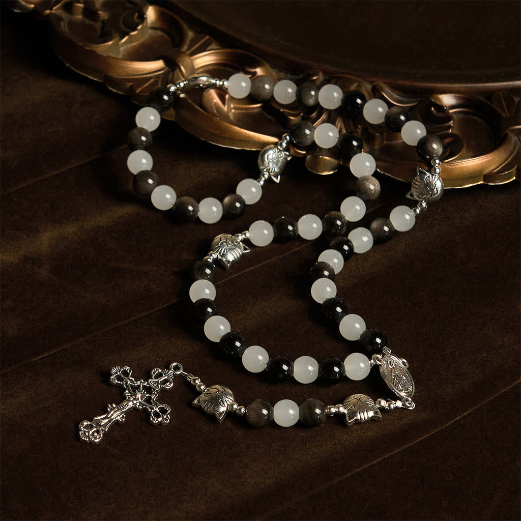 Our Lady's Blessing with Black & White Cow Cat Beads Bracelet, Animal