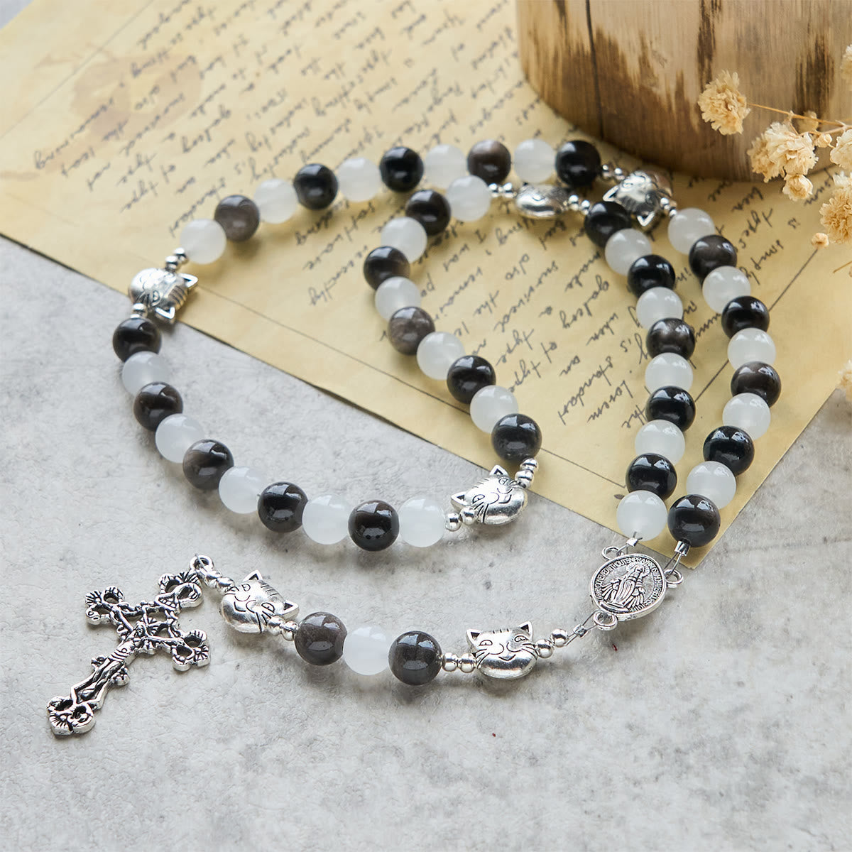 Our Lady's Blessing with Black & White Cow Cat Beads Bracelet, Animal