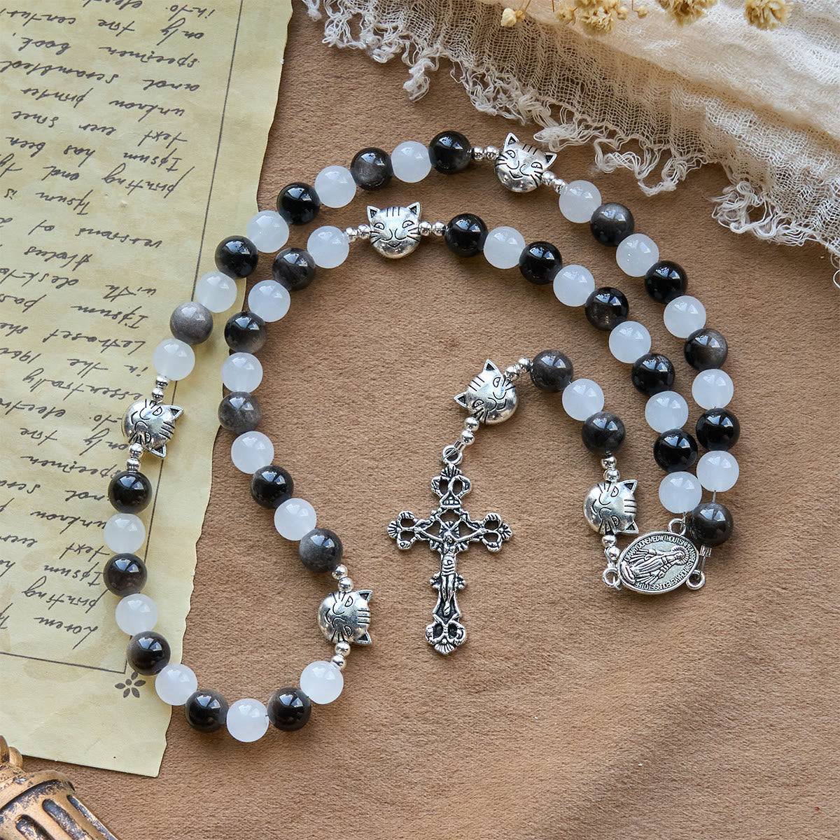 Our Lady's Blessing with Black & White Cow Cat Beads Bracelet, Animal