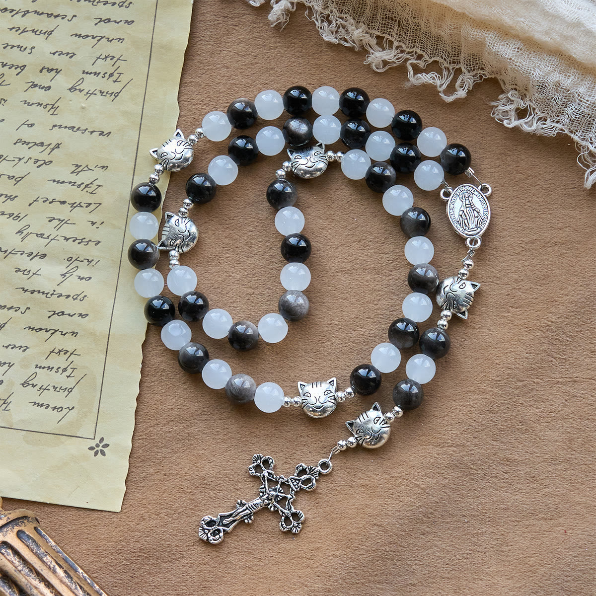 Our Lady's Blessing with Black & White Cow Cat Beads Bracelet, Animal