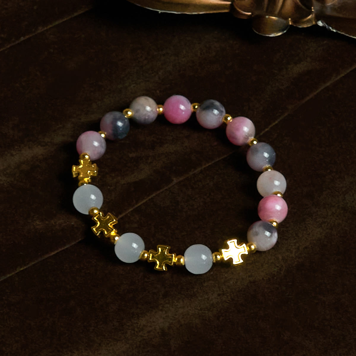 Graceful 8mm Persian Pink & Black Jade Beads Bracelet with Ancient
