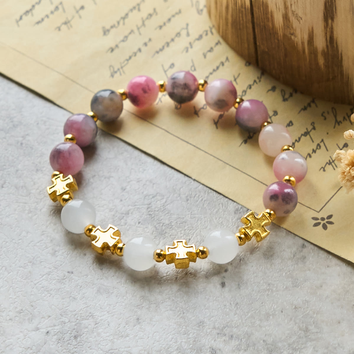 Graceful 8mm Persian Pink & Black Jade Beads Bracelet with Ancient