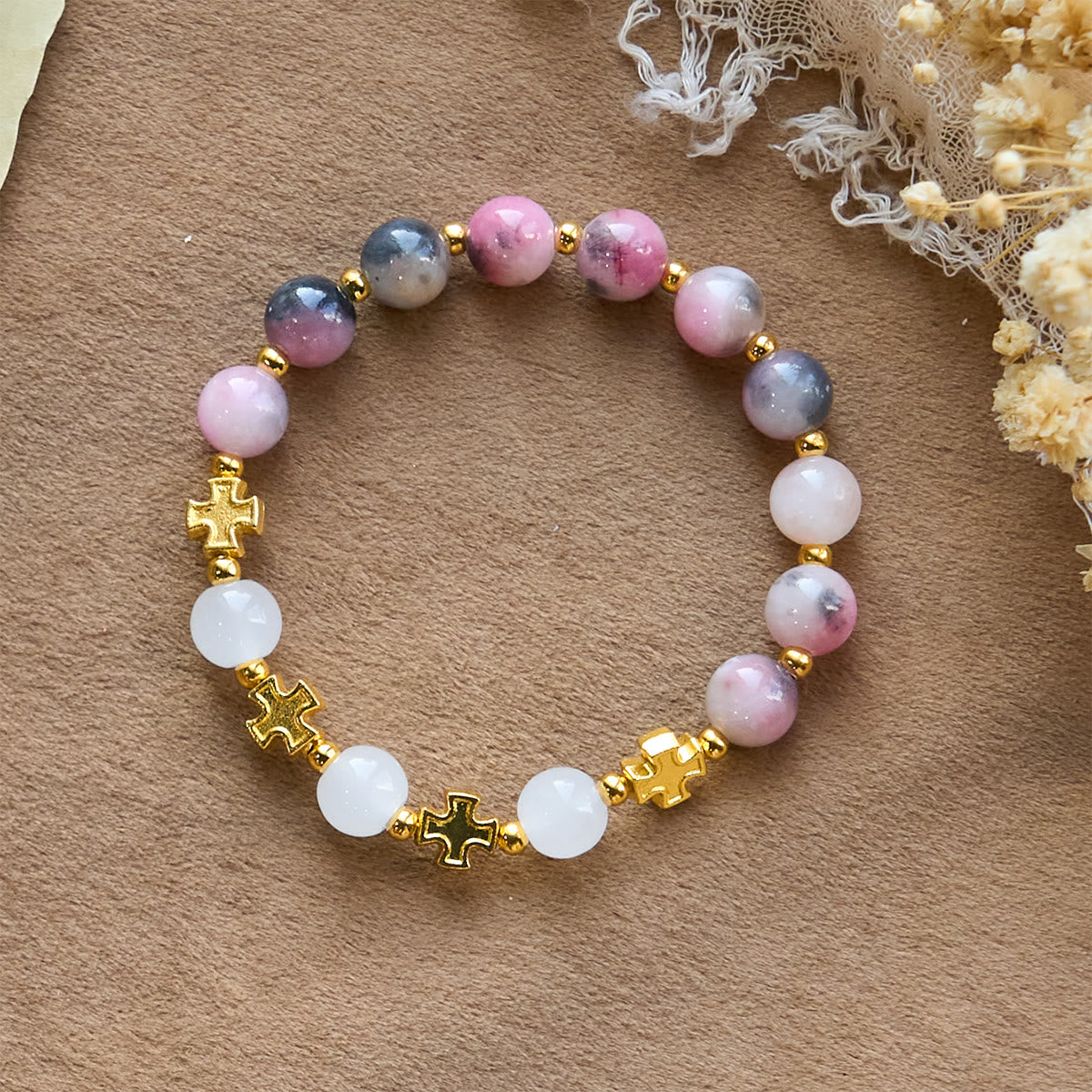 Graceful 8mm Persian Pink & Black Jade Beads Bracelet with Ancient