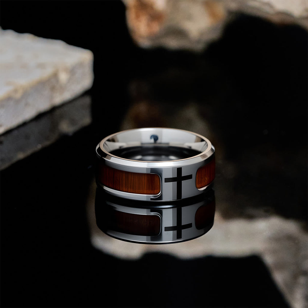 Modern Sleek Cross Ring with Wooden Detail