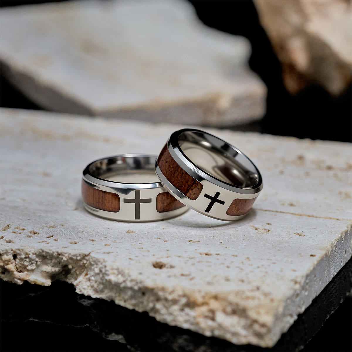 Modern Sleek Cross Ring with Wooden Detail