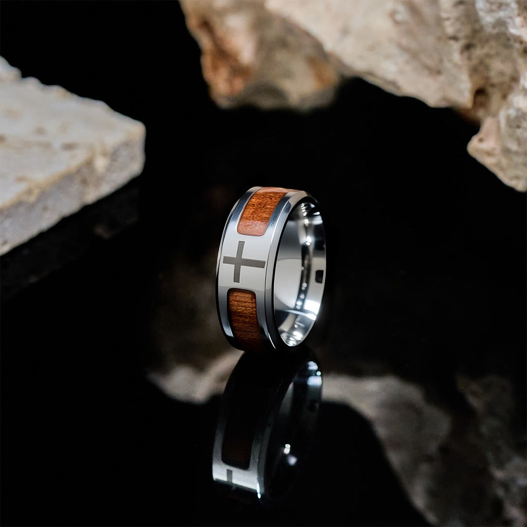 Modern Sleek Cross Ring with Wooden Detail