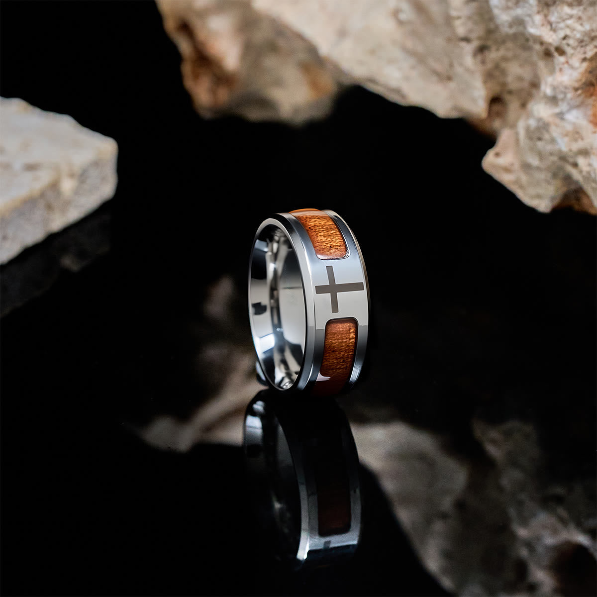 Modern Sleek Cross Ring with Wooden Detail