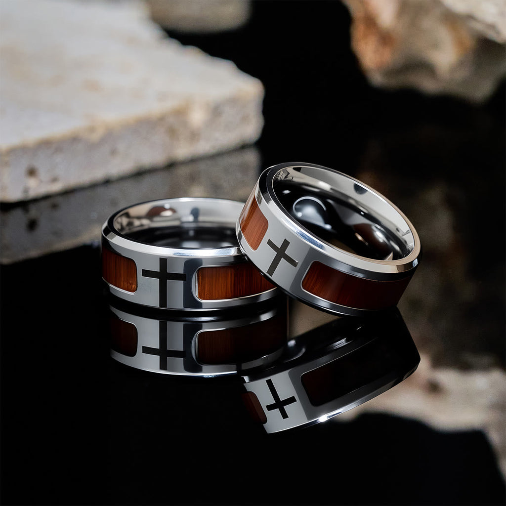 Modern Sleek Cross Ring with Wooden Detail