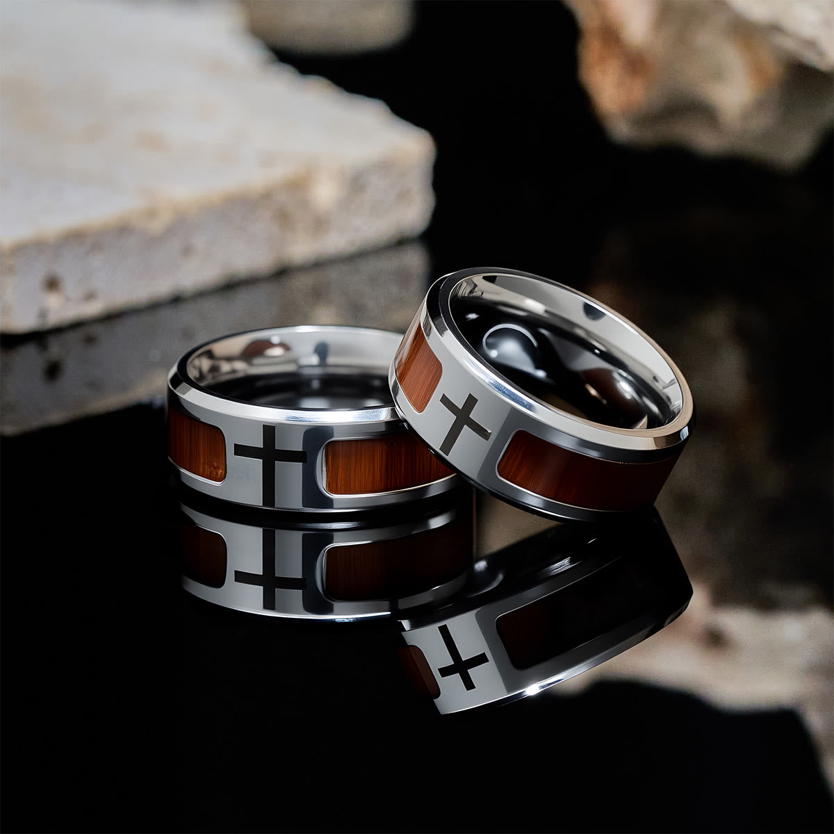 Modern Sleek Cross Ring with Wooden Detail