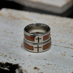 Modern Sleek Cross Ring with Wooden Detail