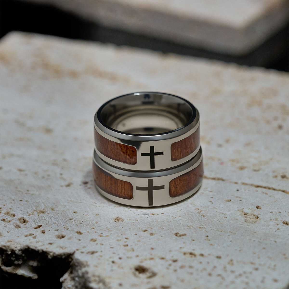 Modern Sleek Cross Ring with Wooden Detail