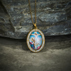 Vintage Style Oval Crucifix Scene Pendant Necklace with Sparkling