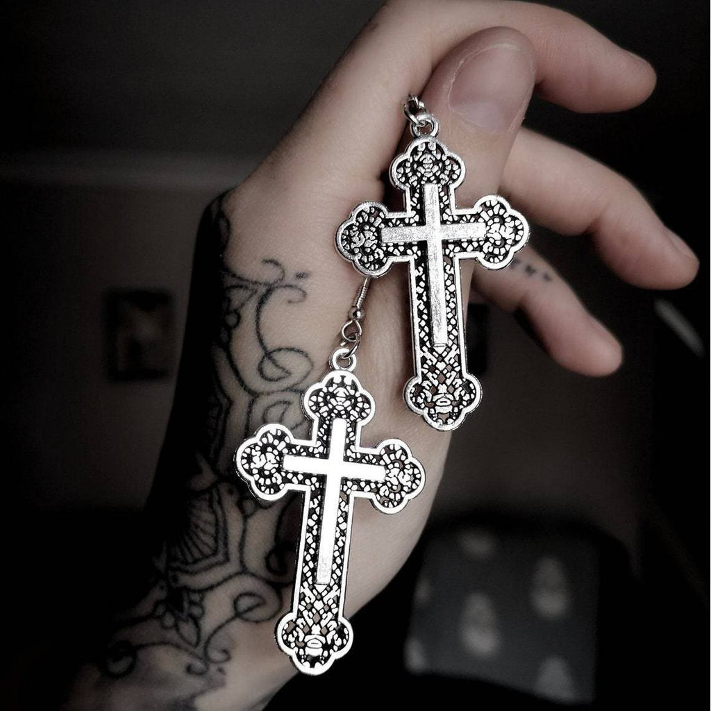 Vintage Filigree Cross Drop Earrings