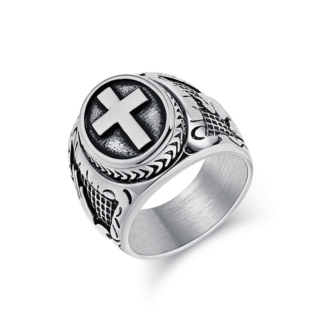 Metallic Cross Ring with Praying Hands Detail