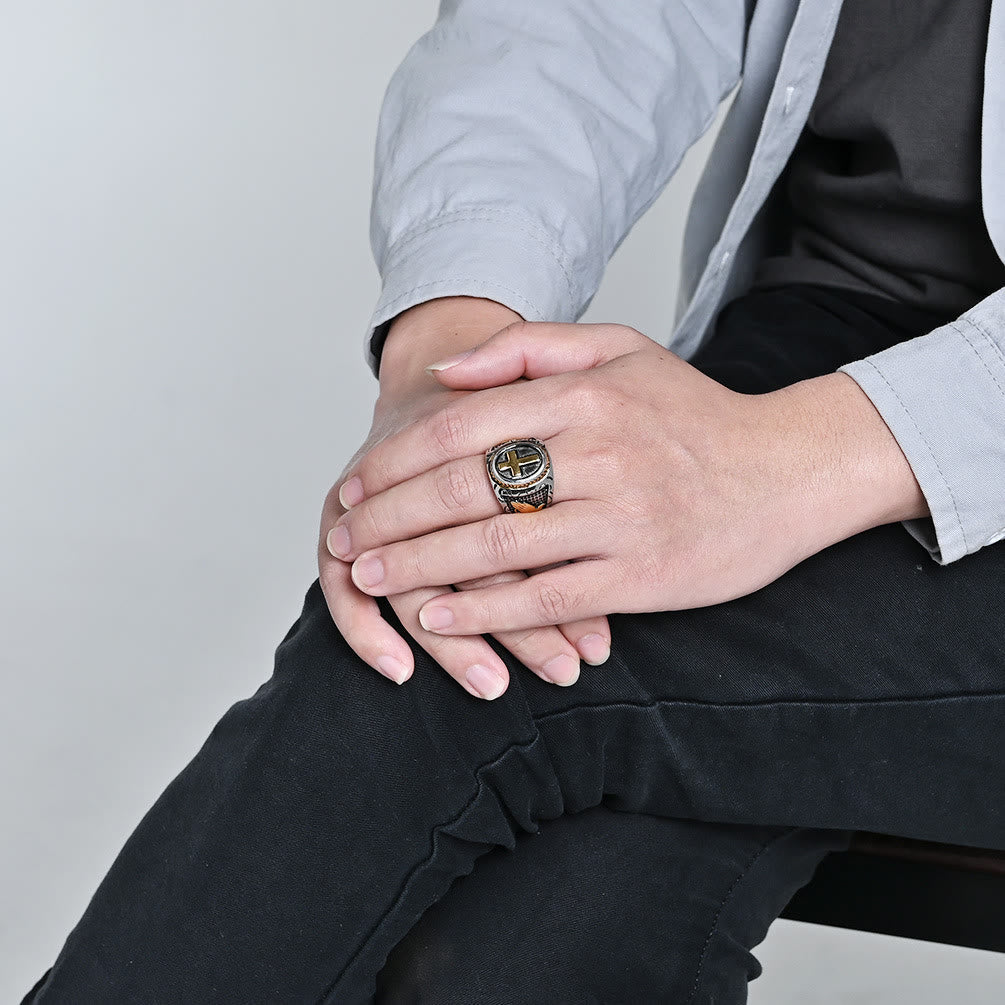 Metallic Cross Ring with Praying Hands Detail