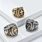 Metallic Cross Ring with Praying Hands Detail