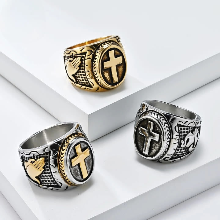 Metallic Cross Ring with Praying Hands Detail