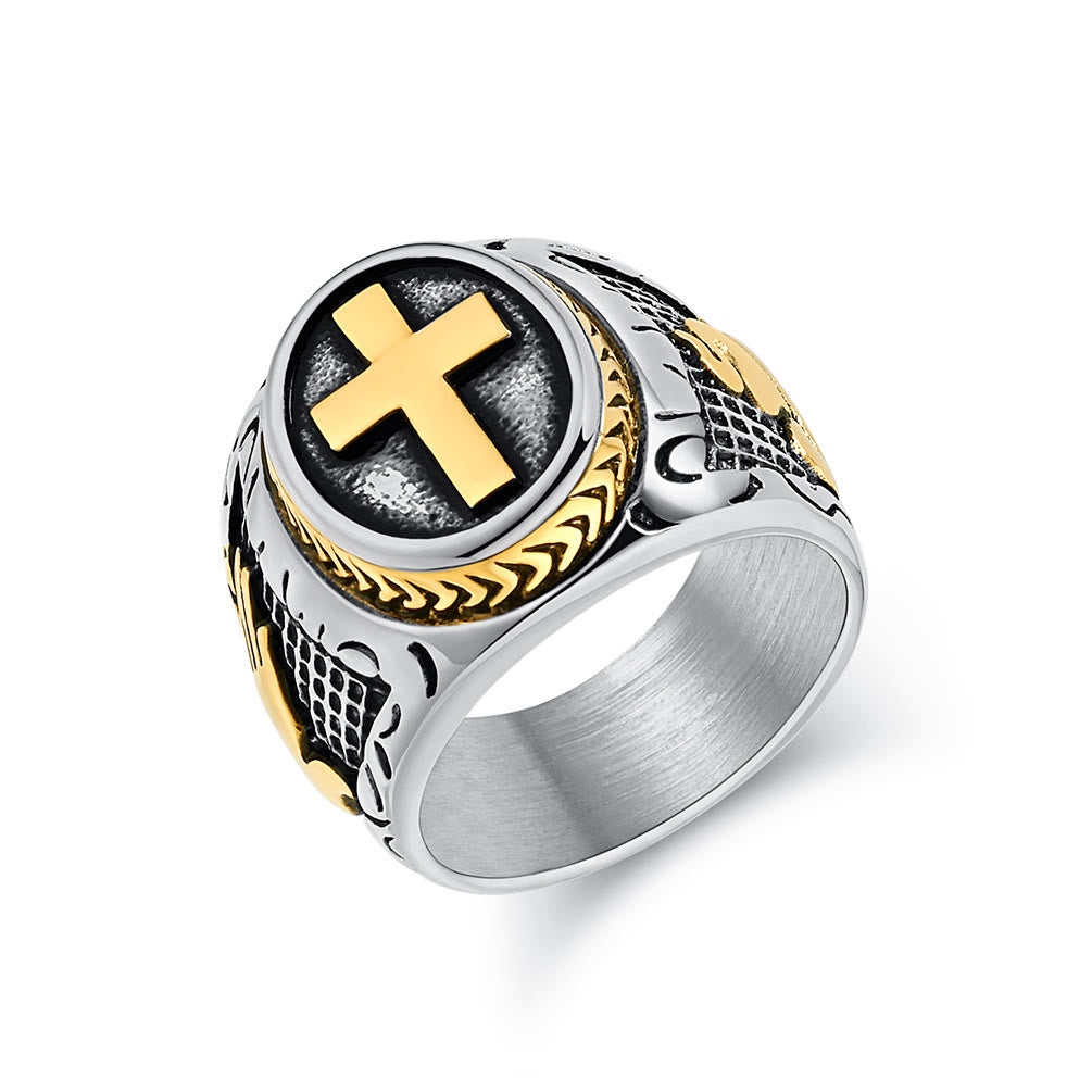 Metallic Cross Ring with Praying Hands Detail