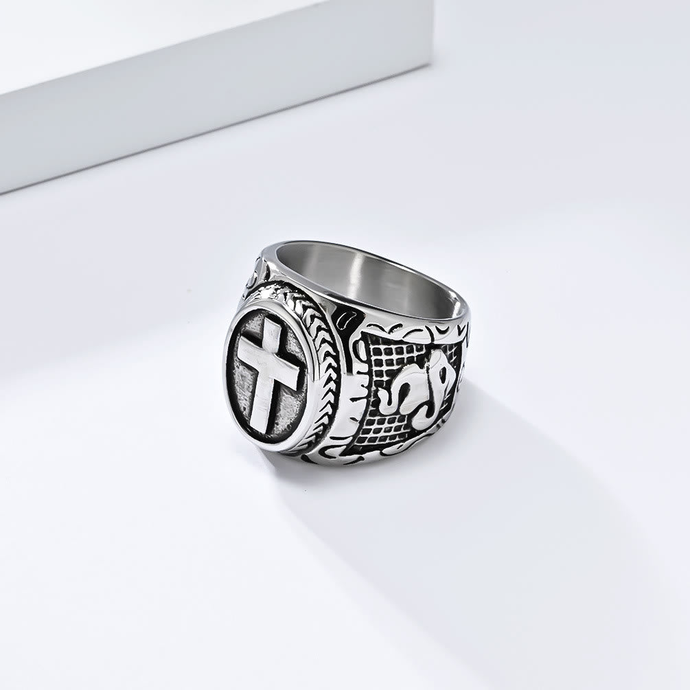 Metallic Cross Ring with Praying Hands Detail