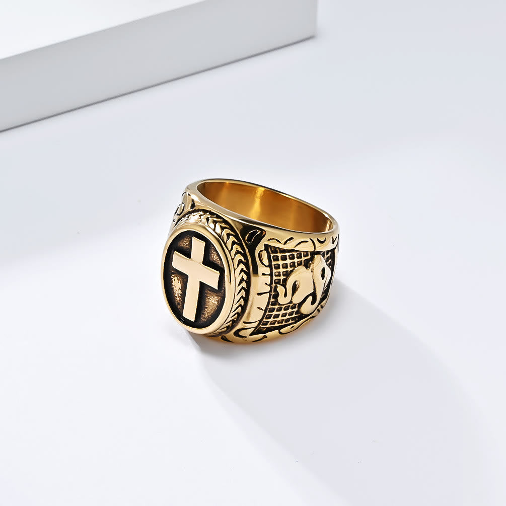 Metallic Cross Ring with Praying Hands Detail