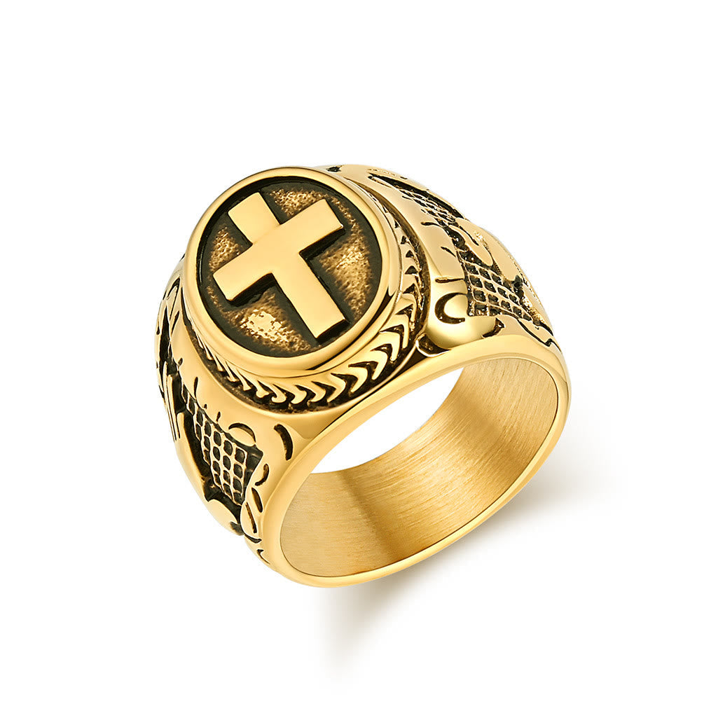 Metallic Cross Ring with Praying Hands Detail