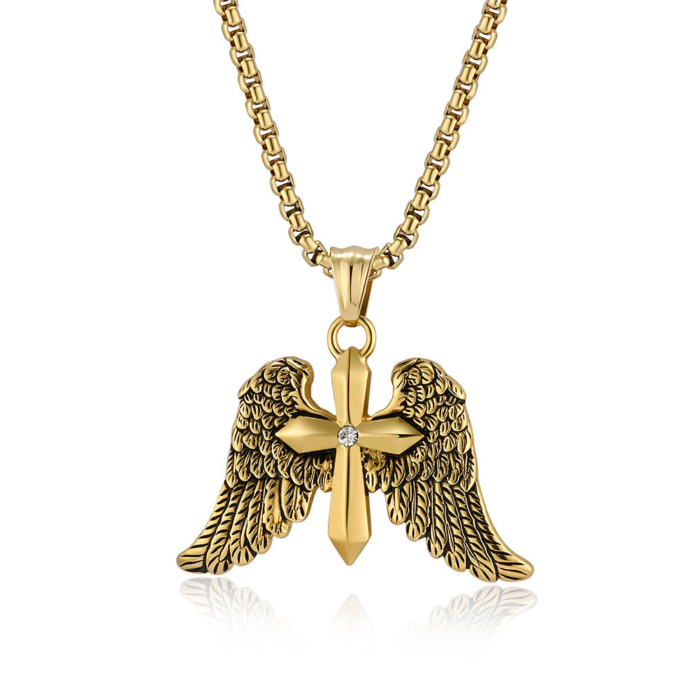 Tri-Color Winged Cross Pendant Necklace