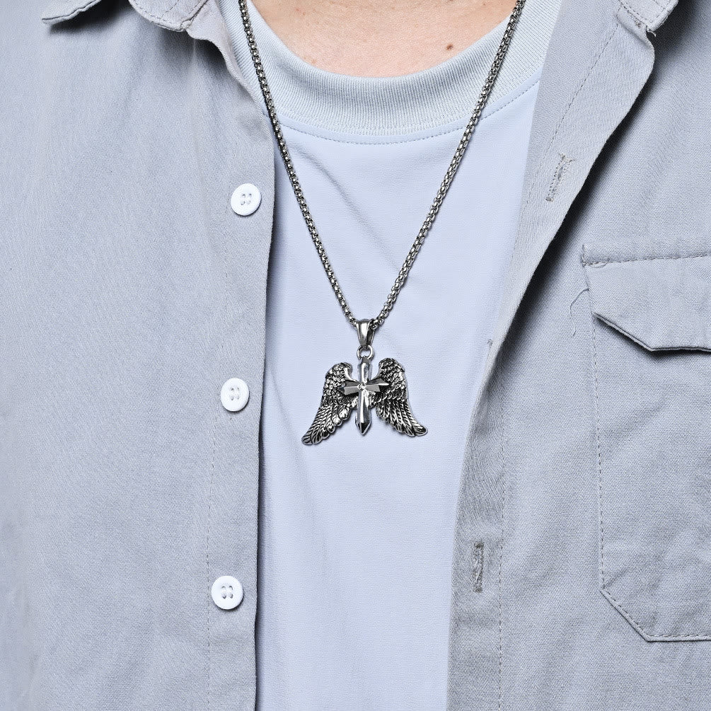 Tri-Color Winged Cross Pendant Necklace