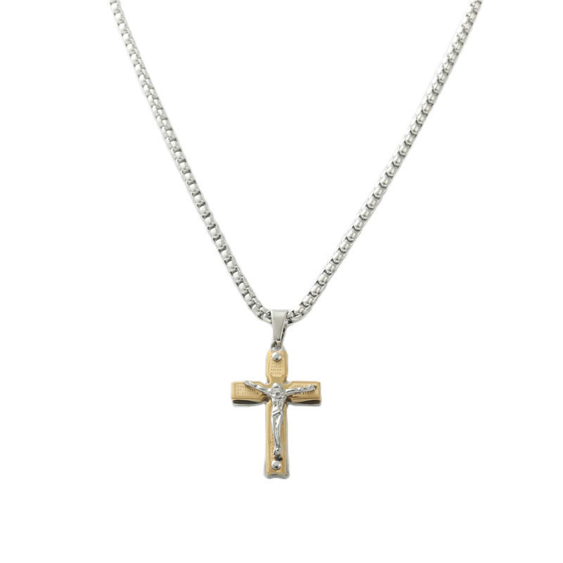 Dual-Tone Metal Crucifix Necklace with Jesus Figure