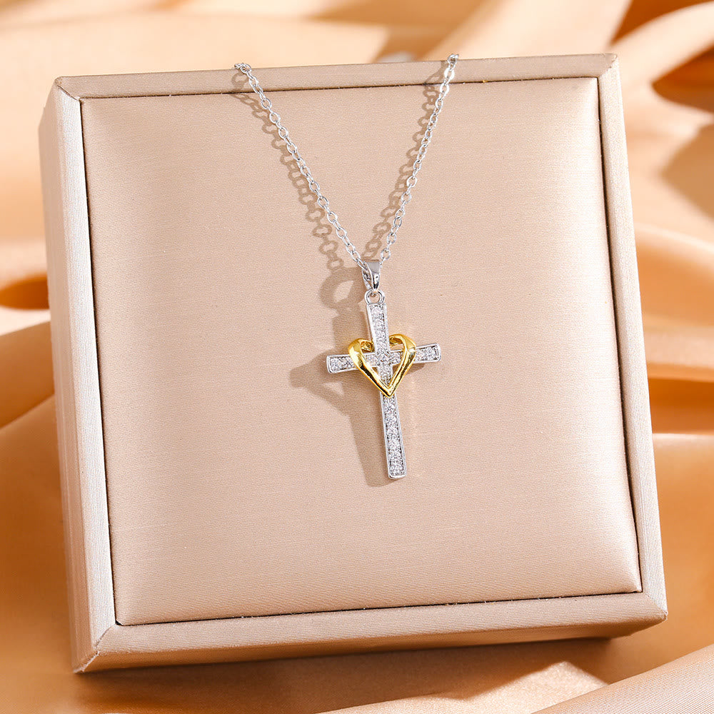Dual-Tone Heart & Cross Necklace with Zircons