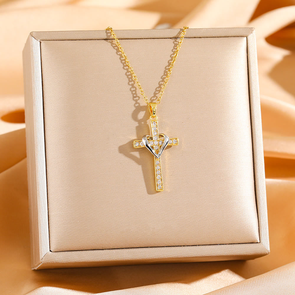 Dual-Tone Heart & Cross Necklace with Zircons