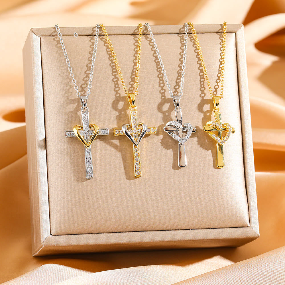 Dual-Tone Heart & Cross Necklace with Zircons