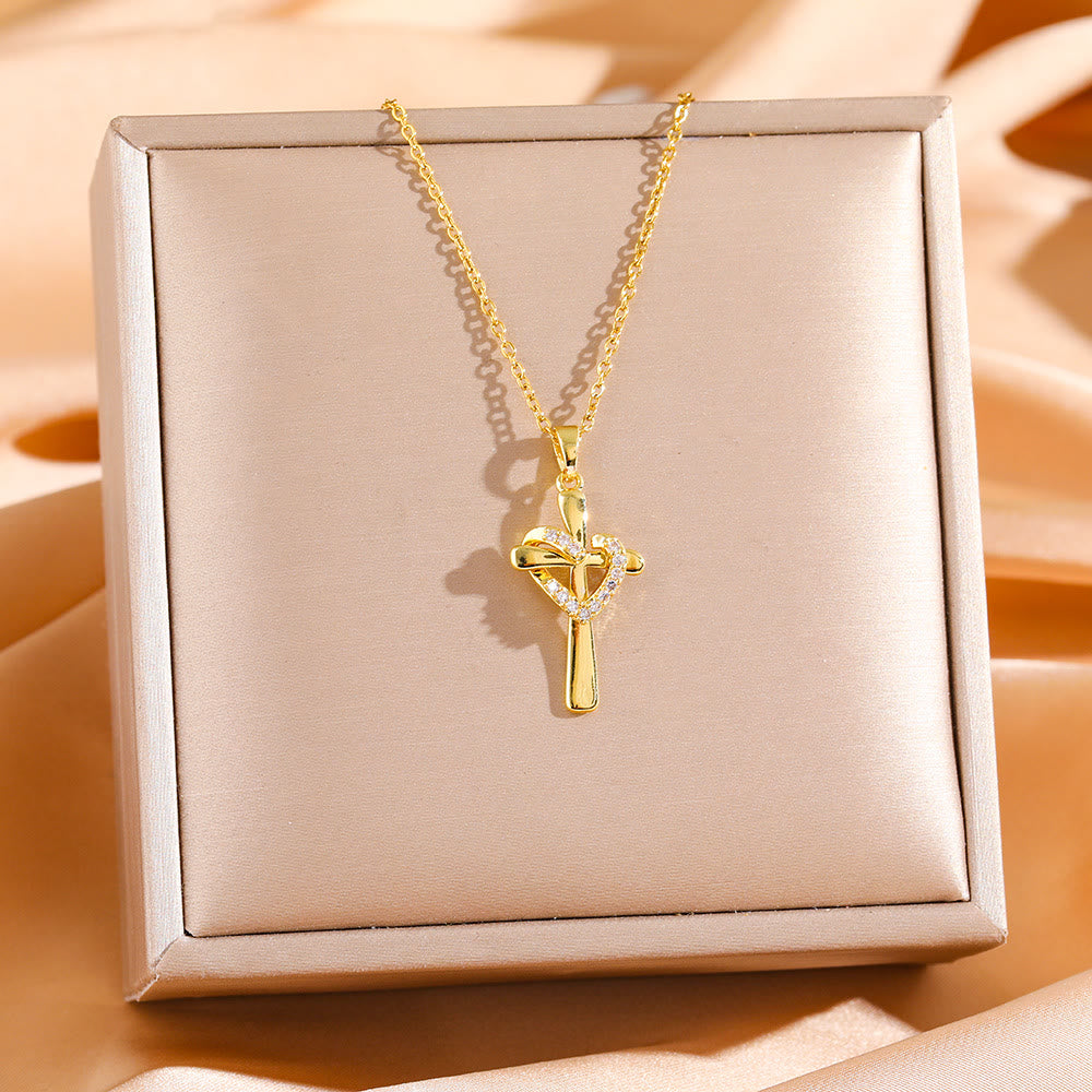 Dual-Tone Heart & Cross Necklace with Zircons