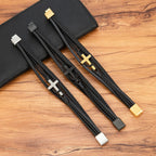Tri-Color Stainless Steel Cross & Braided Leather Fashion Bracelet