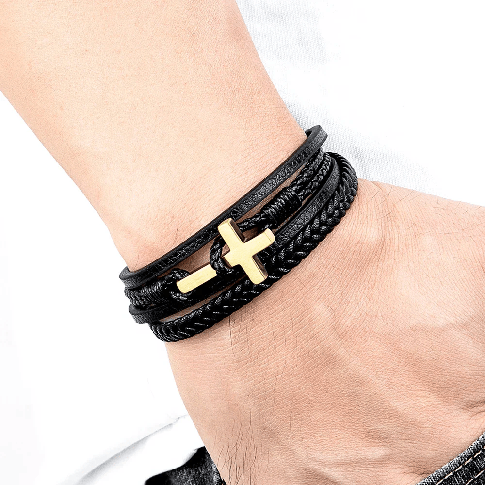 Tri-Color Stainless Steel Cross & Braided Leather Fashion Bracelet