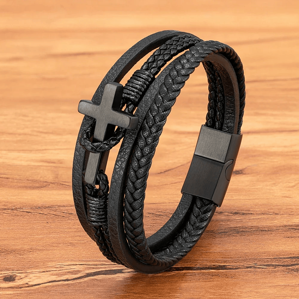 Tri-Color Stainless Steel Cross & Braided Leather Fashion Bracelet