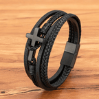 Tri-Color Stainless Steel Cross & Braided Leather Fashion Bracelet