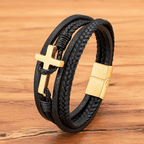 Tri-Color Stainless Steel Cross & Braided Leather Fashion Bracelet