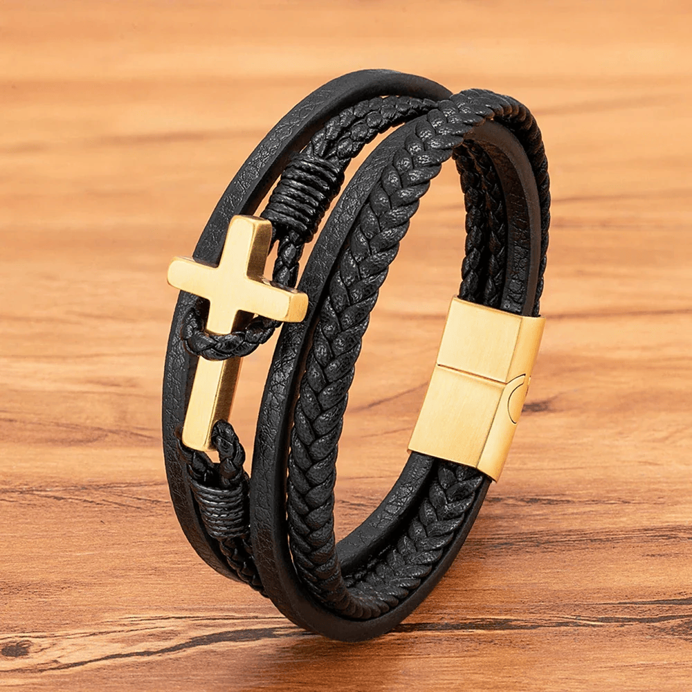 Tri-Color Stainless Steel Cross & Braided Leather Fashion Bracelet