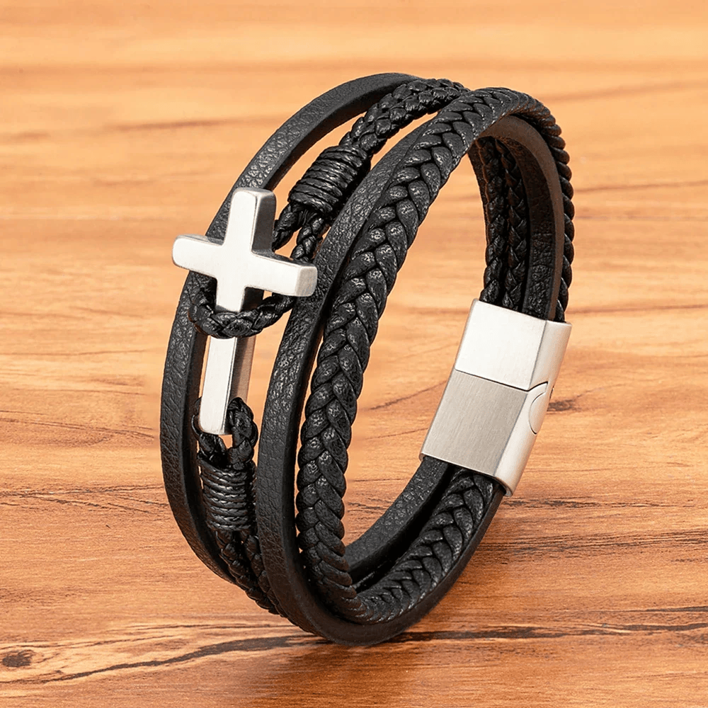 Tri-Color Stainless Steel Cross & Braided Leather Fashion Bracelet