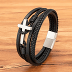 Tri-Color Stainless Steel Cross & Braided Leather Fashion Bracelet