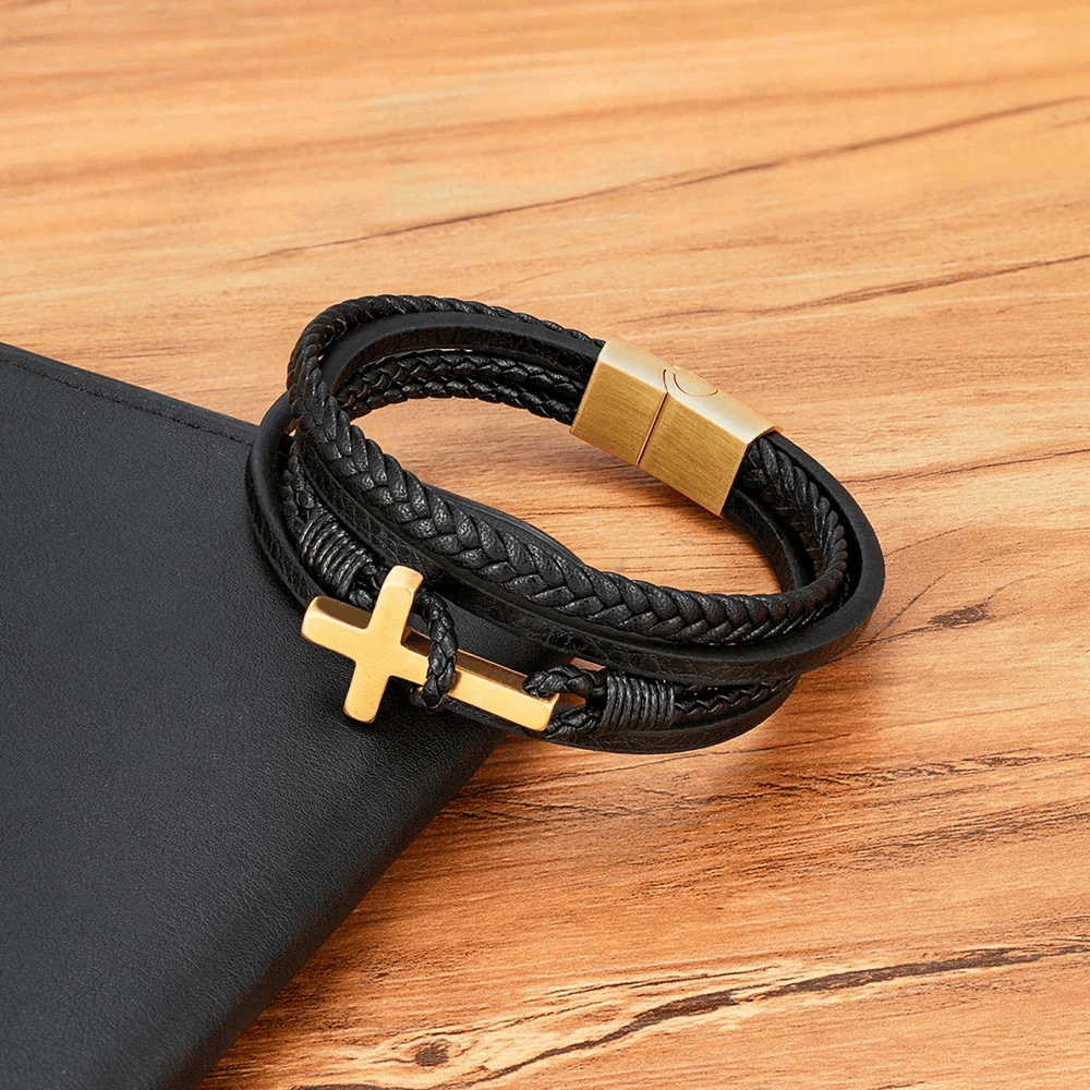 Tri-Color Stainless Steel Cross & Braided Leather Fashion Bracelet