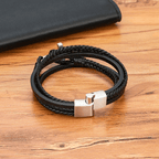 Tri-Color Stainless Steel Cross & Braided Leather Fashion Bracelet