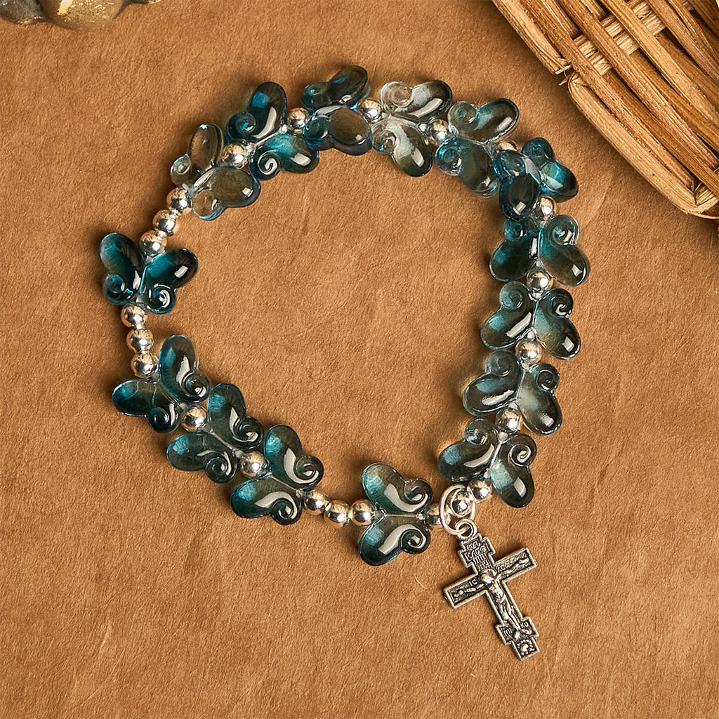 Wings of Devotion Shimmering Blue Butterfly Prayer Bracelet, Animal
